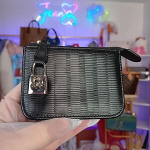 Salvatore Ferregamo Black Leather Silver Lock Zip Key Pouch Card Case Wallet